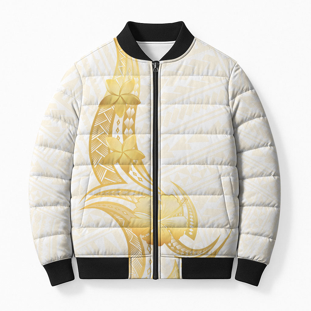 Polynesia White Sunday Bomber Puffer Jacket Polynesian Tattoo Plumeria Hibiscus Gold LT14 Unisex White - Polynesian Pride