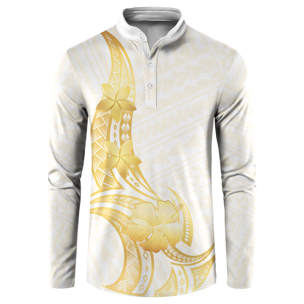 Polynesia White Sunday Button Sweatshirt Polynesian Tattoo Plumeria Hibiscus Gold