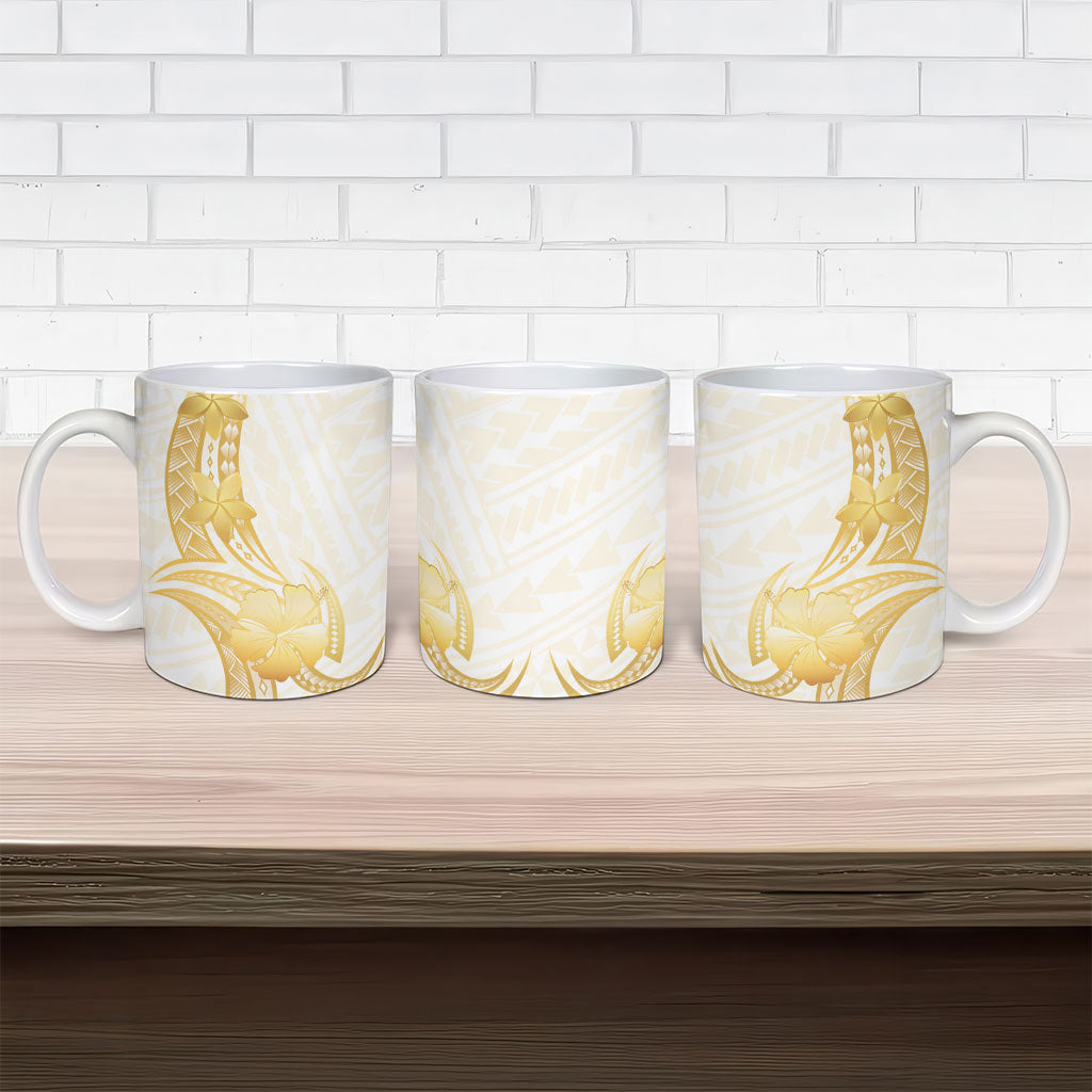 Polynesia White Sunday Ceramic Mug Polynesian Tattoo Plumeria Hibiscus Gold