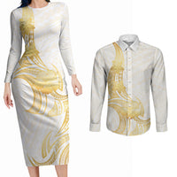 Polynesia White Sunday Couples Matching Long Sleeve Bodycon Dress and Long Sleeve Button Shirt Polynesian Tattoo Plumeria Hibiscus Gold
