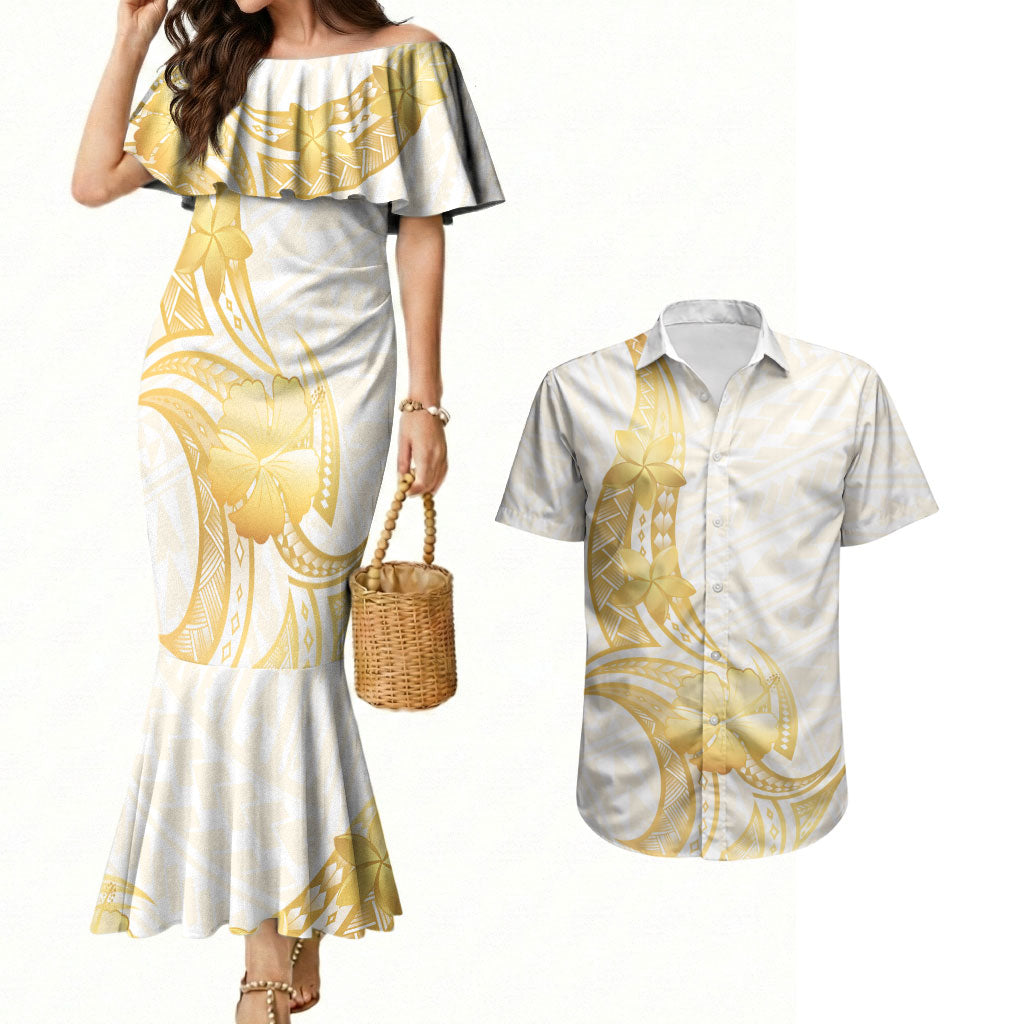 Polynesia White Sunday Couples Matching Mermaid Dress and Hawaiian Shirt Polynesian Tattoo Plumeria Hibiscus Gold