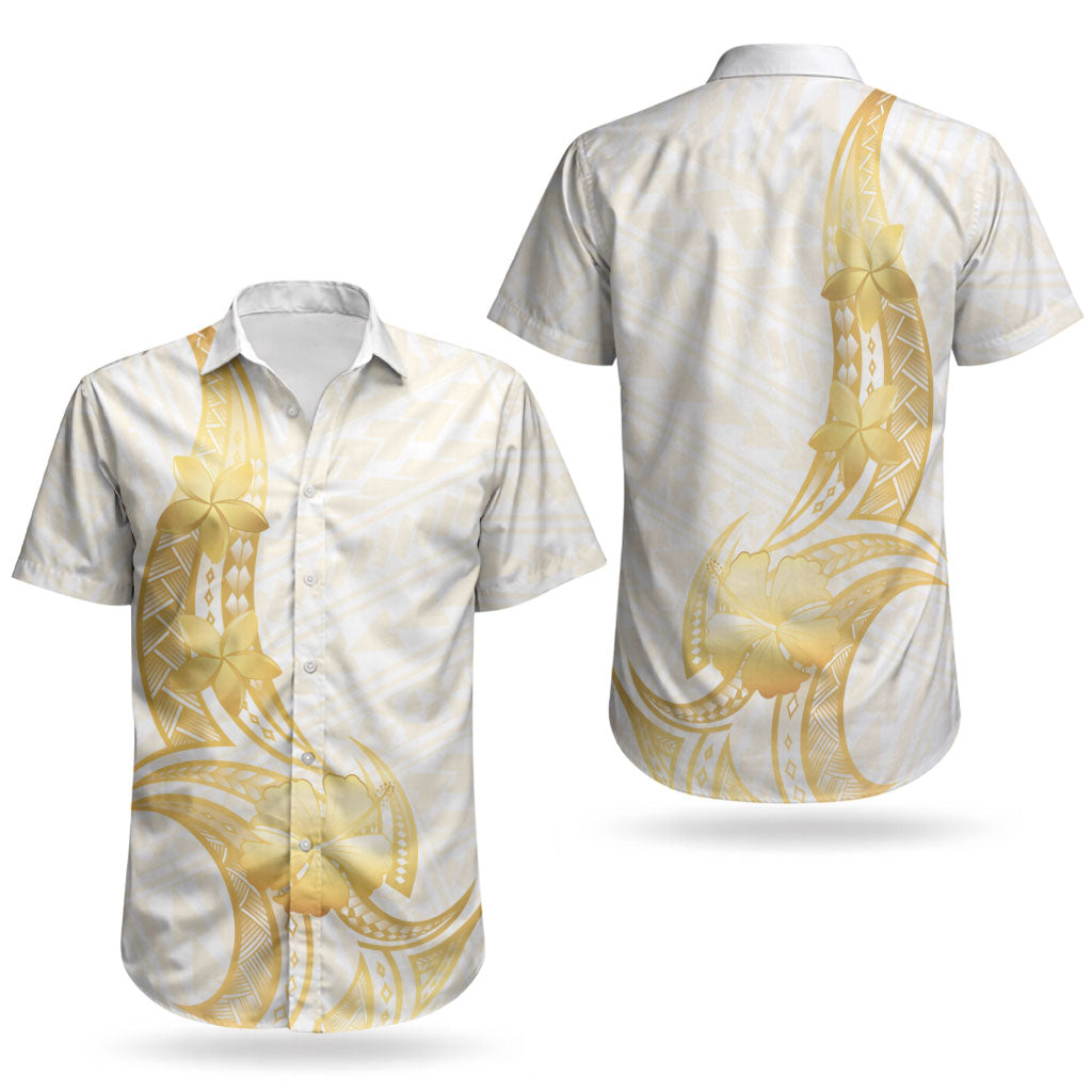 Polynesia White Sunday Couples Matching Mermaid Dress and Hawaiian Shirt Polynesian Tattoo Plumeria Hibiscus Gold