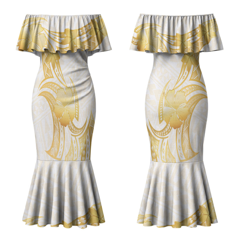 Polynesia White Sunday Couples Matching Mermaid Dress and Hawaiian Shirt Polynesian Tattoo Plumeria Hibiscus Gold