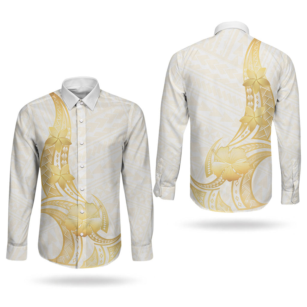Polynesia White Sunday Couples Matching Mermaid Dress and Long Sleeve Button Shirt Polynesian Tattoo Plumeria Hibiscus Gold