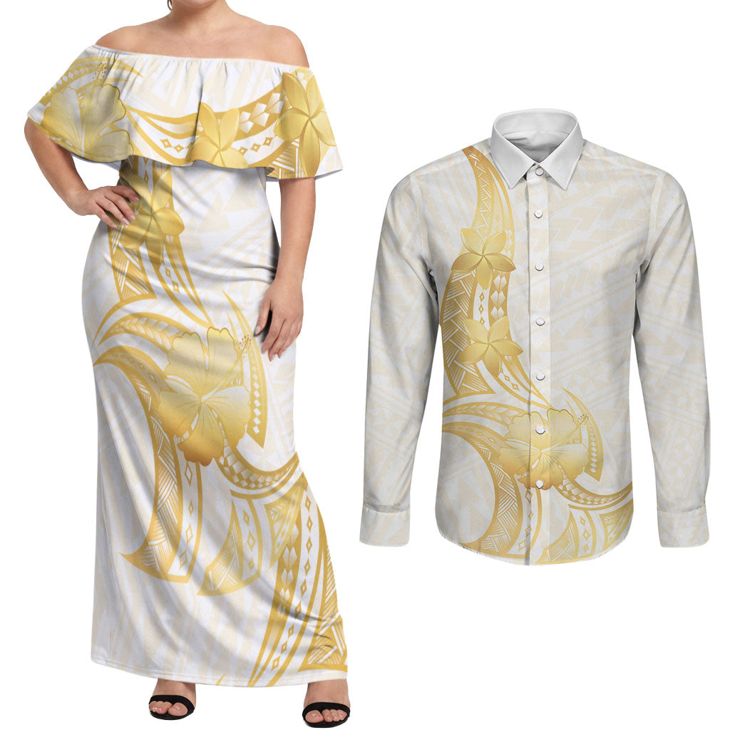 Polynesia White Sunday Couples Matching Off Shoulder Maxi Dress and Long Sleeve Button Shirt Polynesian Tattoo Plumeria Hibiscus Gold LT14 White - Polynesian Pride