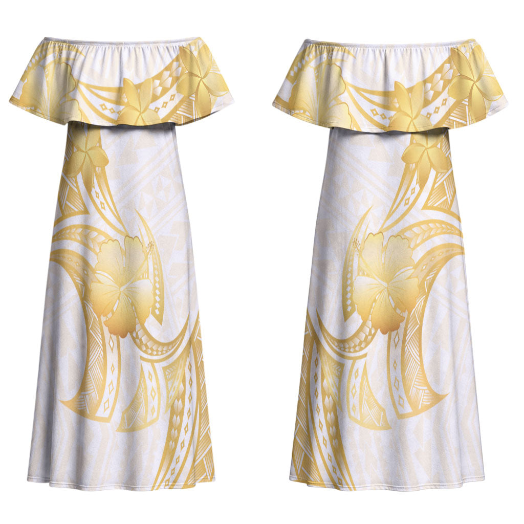 Polynesia White Sunday Couples Matching Off Shoulder Maxi Dress and Long Sleeve Button Shirt Polynesian Tattoo Plumeria Hibiscus Gold