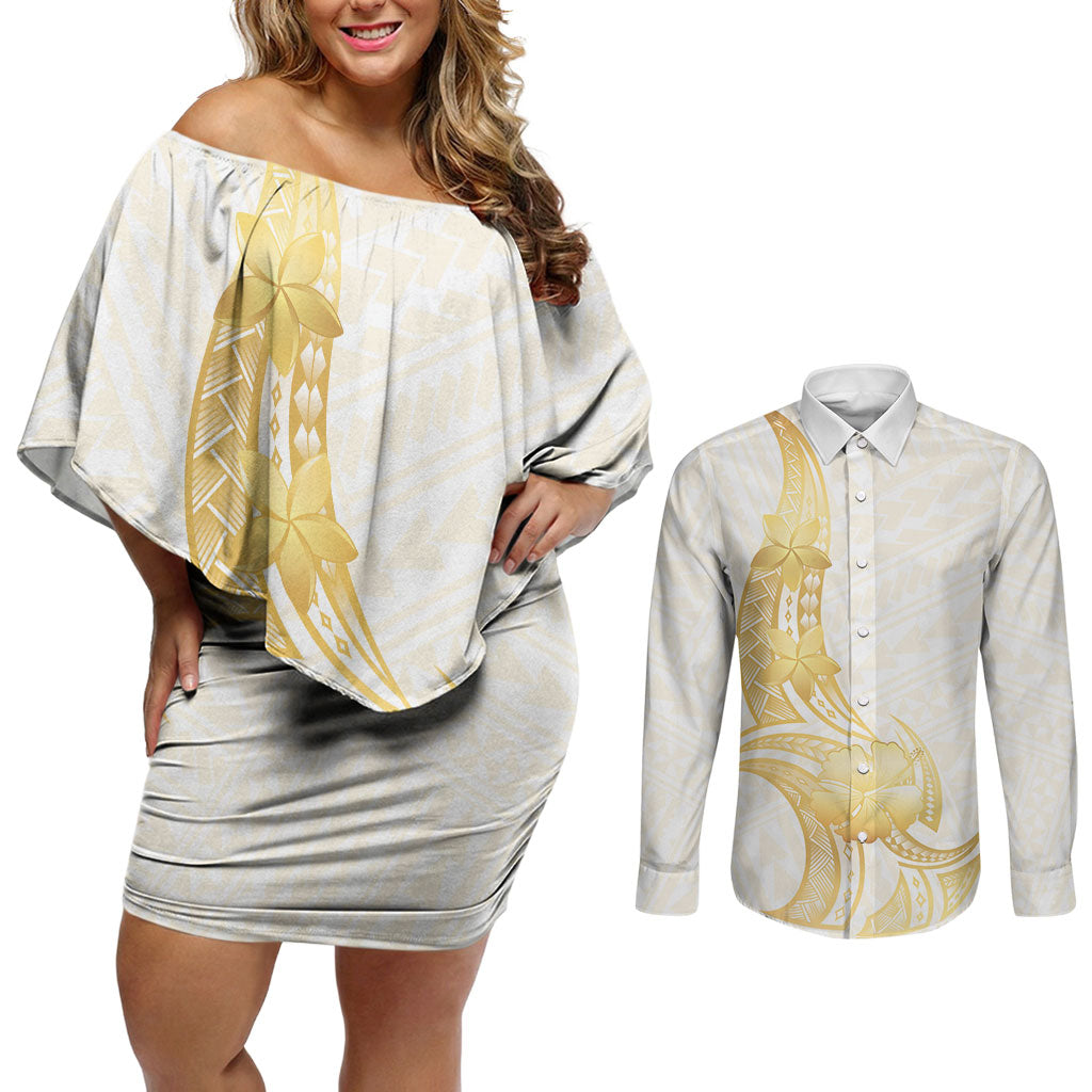 Polynesia White Sunday Couples Matching Off Shoulder Short Dress and Long Sleeve Button Shirt Polynesian Tattoo Plumeria Hibiscus Gold LT14 White - Polynesian Pride