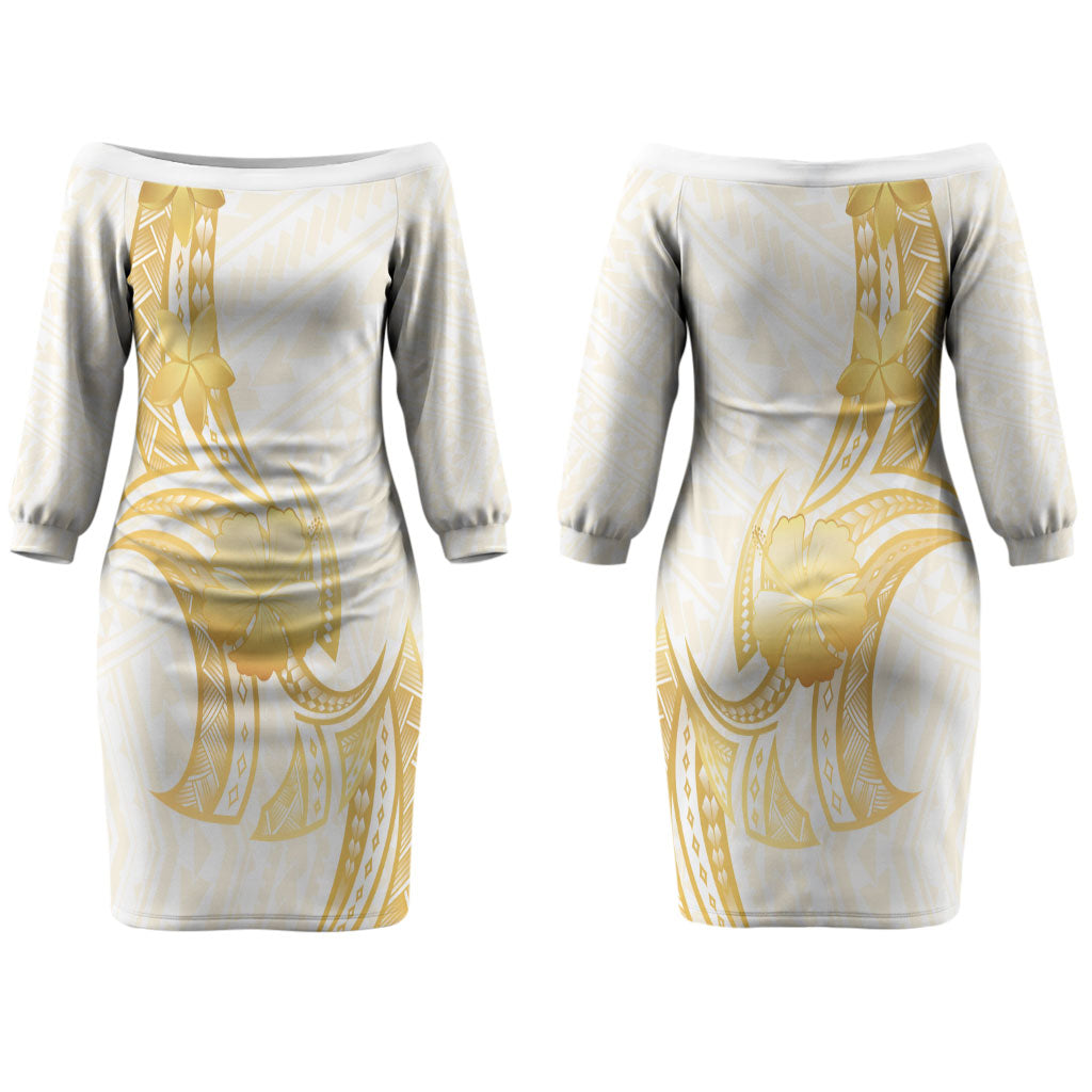 Polynesia White Sunday Couples Matching Off The Shoulder Long Sleeve Dress and Long Sleeve Button Shirt Polynesian Tattoo Plumeria Hibiscus Gold