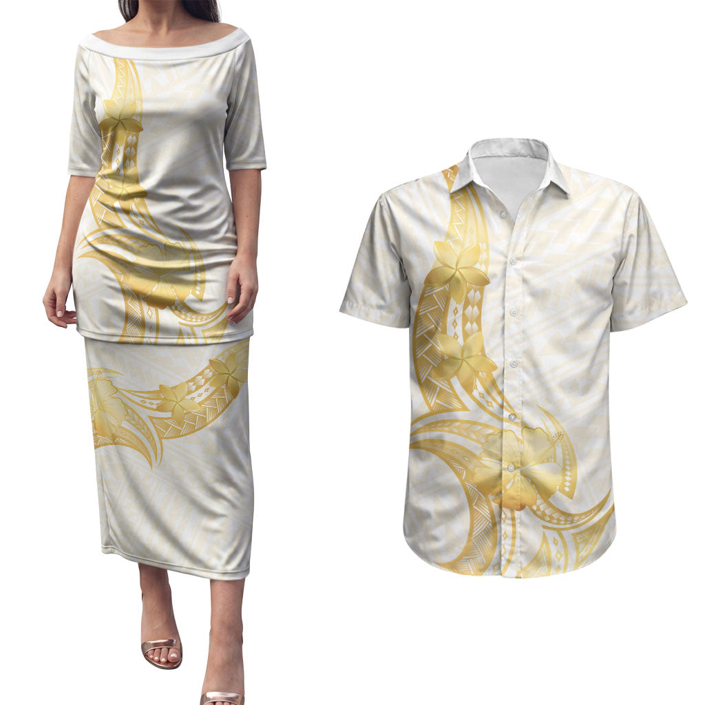 Polynesia White Sunday Couples Matching Puletasi and Hawaiian Shirt Polynesian Tattoo Plumeria Hibiscus Gold LT14 White - Polynesian Pride