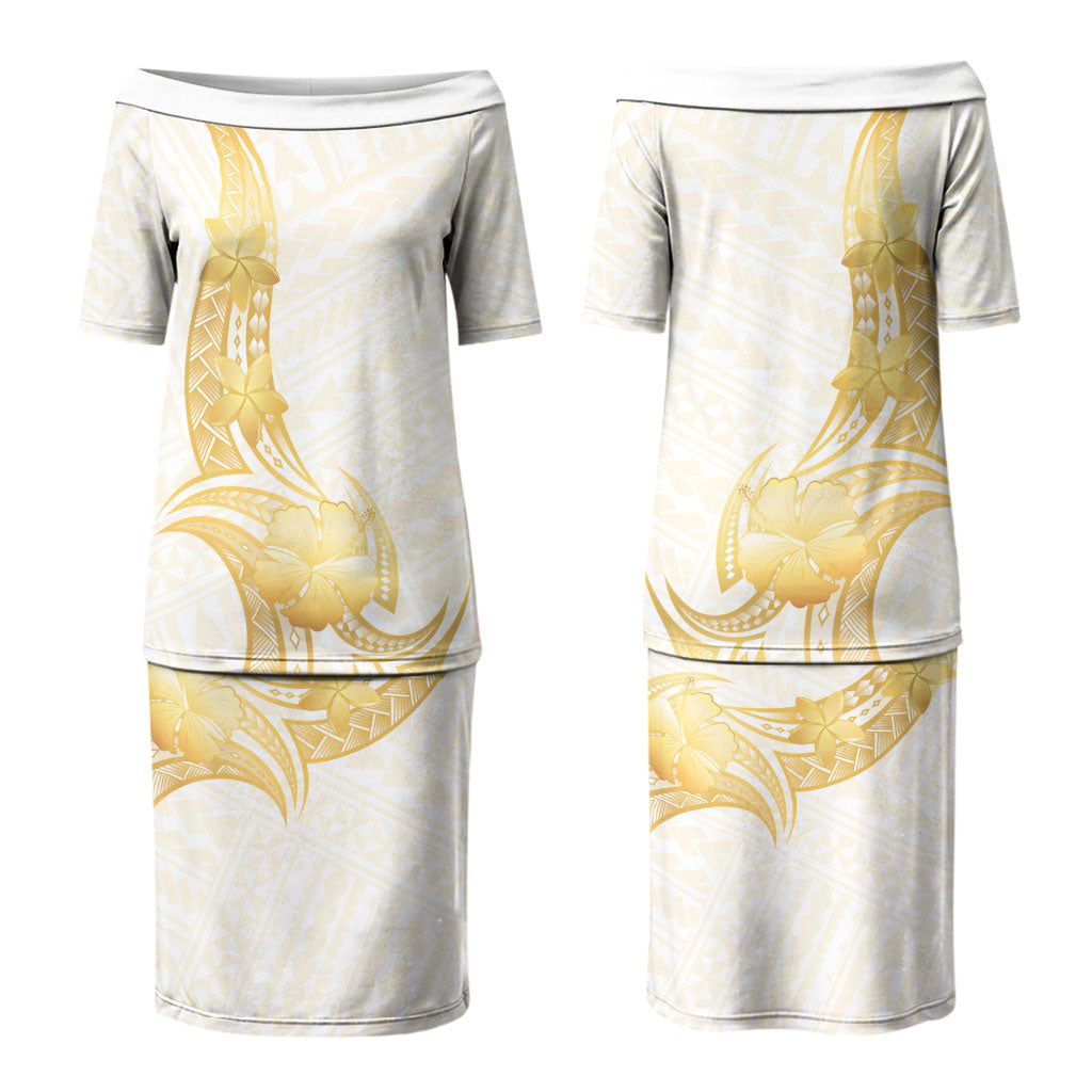 Polynesia White Sunday Couples Matching Puletasi and Hawaiian Shirt Polynesian Tattoo Plumeria Hibiscus Gold