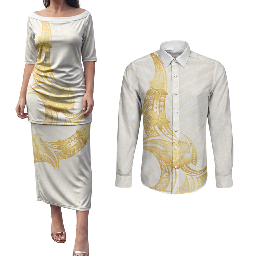 Polynesia White Sunday Couples Matching Puletasi and Long Sleeve Button Shirt Polynesian Tattoo Plumeria Hibiscus Gold