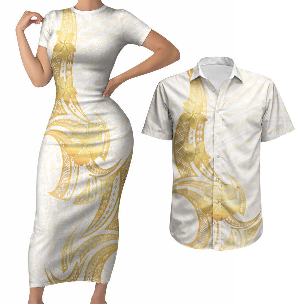Polynesia White Sunday Couples Matching Short Sleeve Bodycon Dress and Hawaiian Shirt Polynesian Tattoo Plumeria Hibiscus Gold