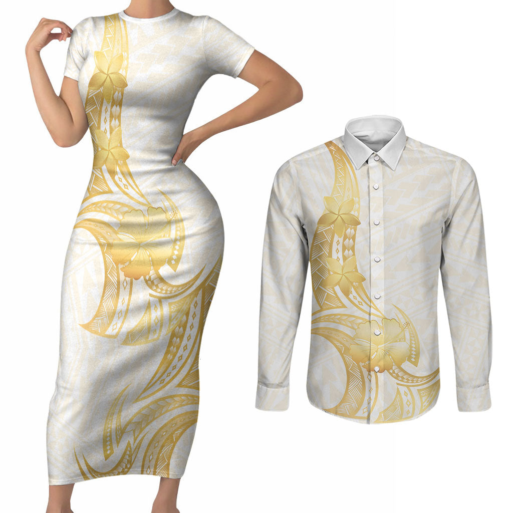 Polynesia White Sunday Couples Matching Short Sleeve Bodycon Dress and Long Sleeve Button Shirt Polynesian Tattoo Plumeria Hibiscus Gold
