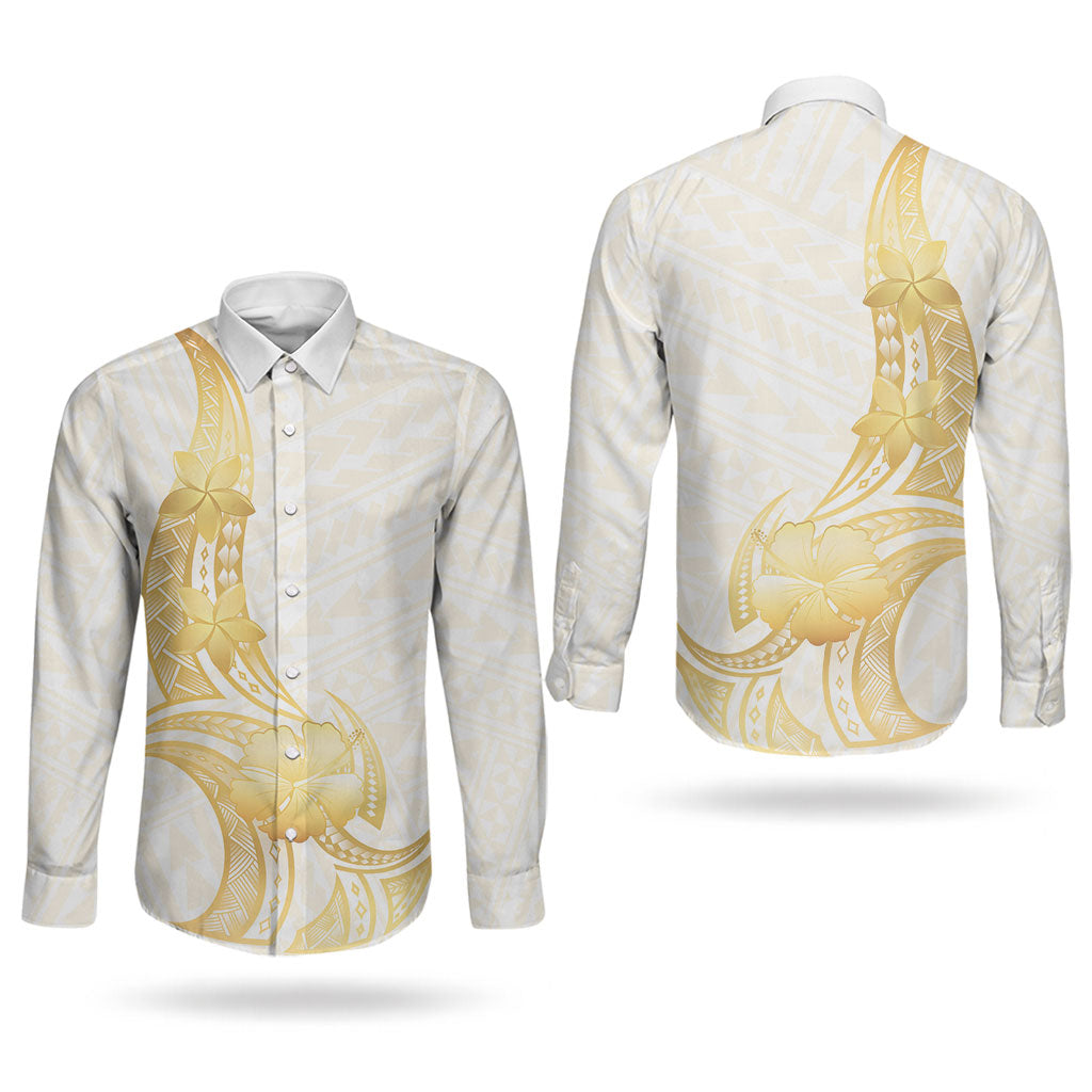 Polynesia White Sunday Couples Matching Short Sleeve Bodycon Dress and Long Sleeve Button Shirt Polynesian Tattoo Plumeria Hibiscus Gold