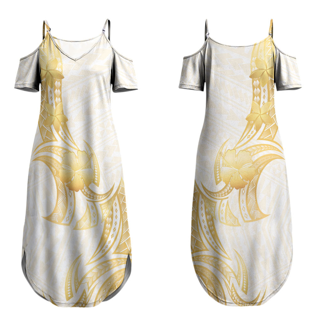 Polynesia White Sunday Couples Matching Summer Maxi Dress and Long Sleeve Button Shirt Polynesian Tattoo Plumeria Hibiscus Gold