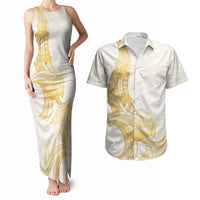 Polynesia White Sunday Couples Matching Tank Maxi Dress and Hawaiian Shirt Polynesian Tattoo Plumeria Hibiscus Gold
