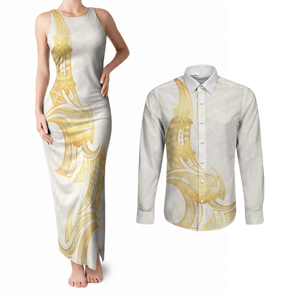 Polynesia White Sunday Couples Matching Tank Maxi Dress and Long Sleeve Button Shirt Polynesian Tattoo Plumeria Hibiscus Gold