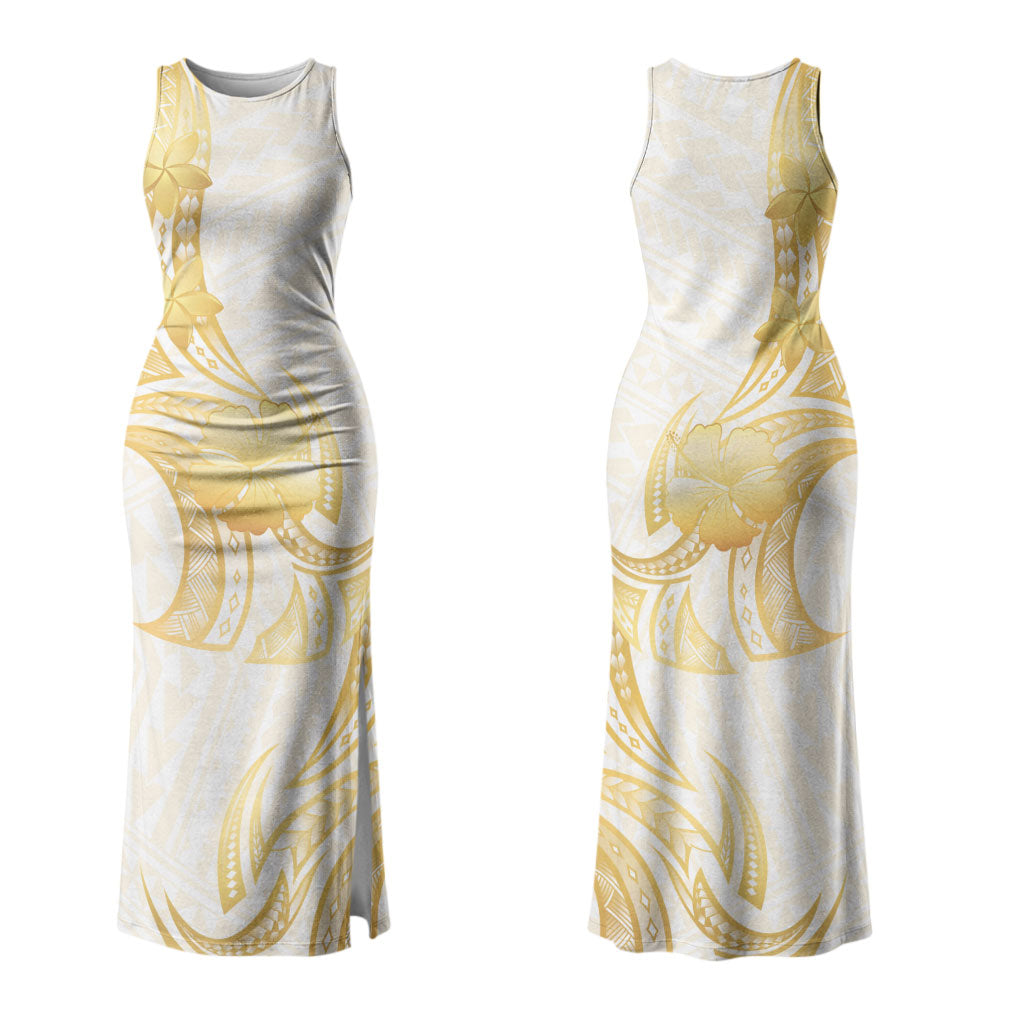 Polynesia White Sunday Couples Matching Tank Maxi Dress and Long Sleeve Button Shirt Polynesian Tattoo Plumeria Hibiscus Gold