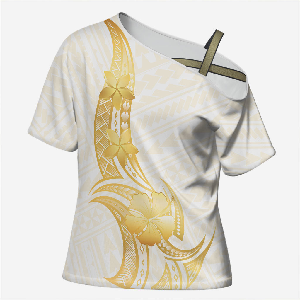 Polynesia White Sunday Cross Shoulder Shirt Polynesian Tattoo Plumeria Hibiscus Gold LT14 Female White - Polynesian Pride