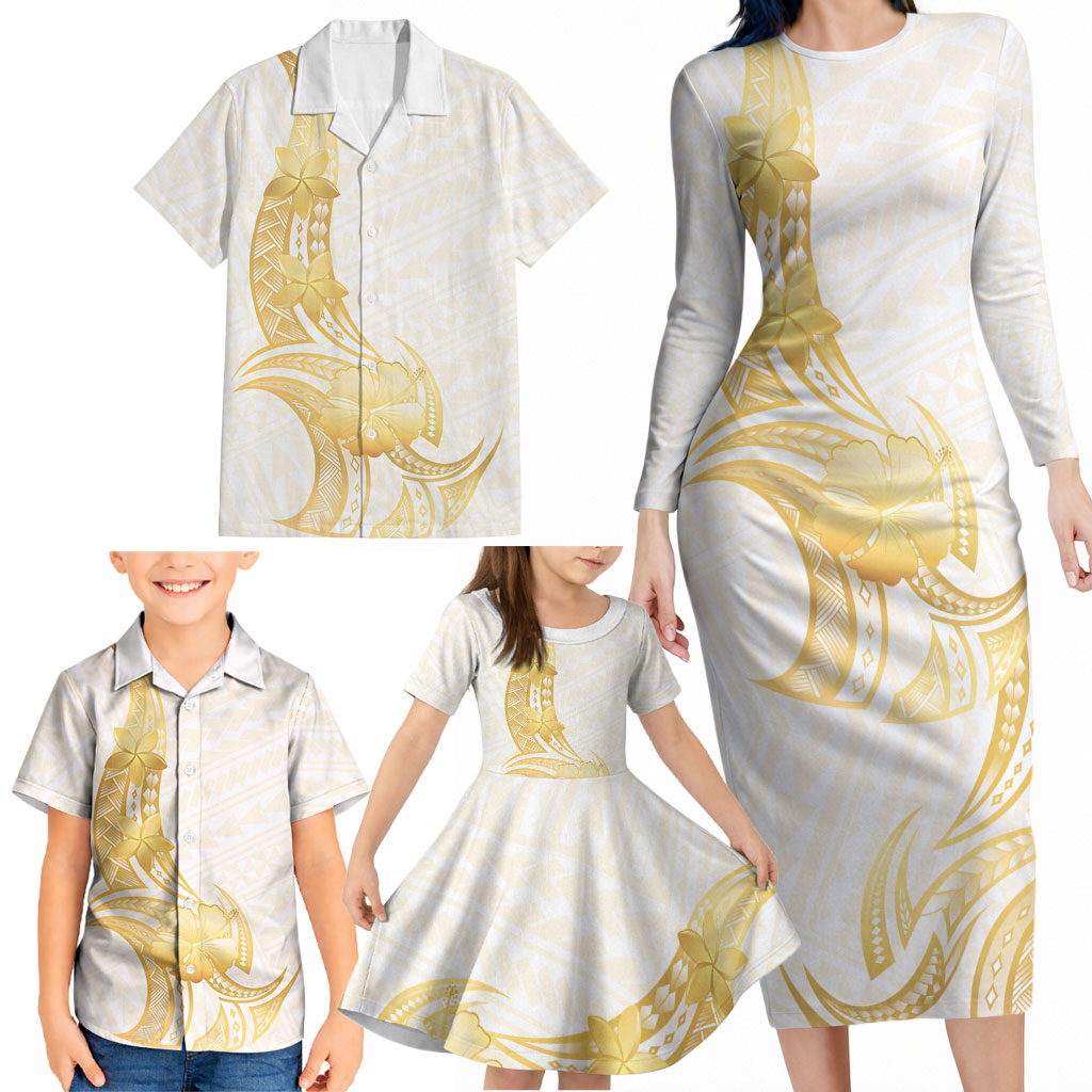 Polynesia White Sunday Family Matching Long Sleeve Bodycon Dress and Hawaiian Shirt Polynesian Tattoo Plumeria Hibiscus Gold