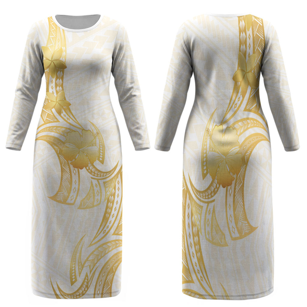 Polynesia White Sunday Family Matching Long Sleeve Bodycon Dress and Hawaiian Shirt Polynesian Tattoo Plumeria Hibiscus Gold