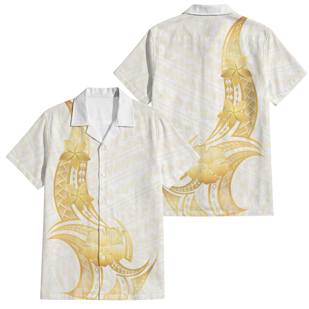 Polynesia White Sunday Family Matching Long Sleeve Bodycon Dress and Hawaiian Shirt Polynesian Tattoo Plumeria Hibiscus Gold