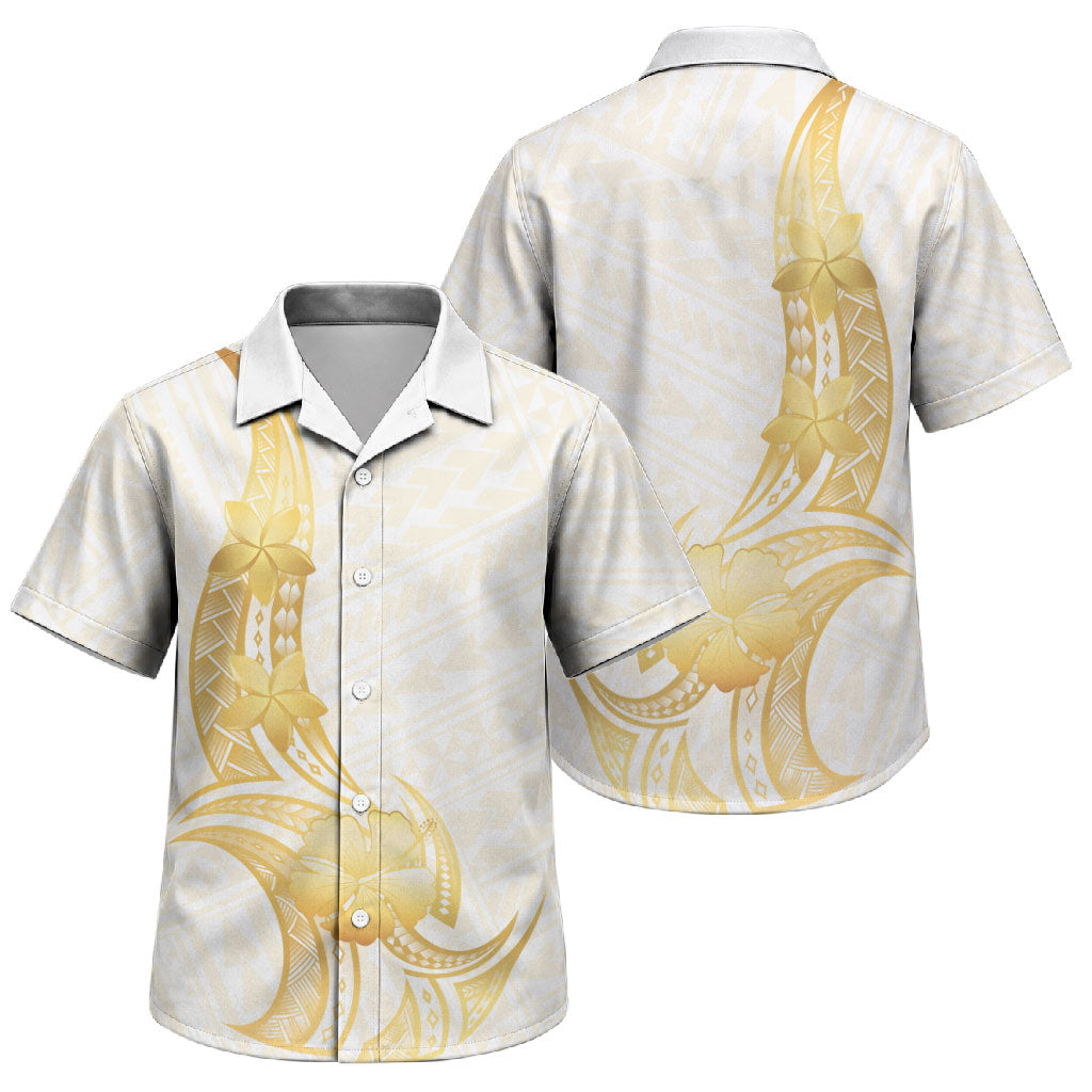 Polynesia White Sunday Family Matching Long Sleeve Bodycon Dress and Hawaiian Shirt Polynesian Tattoo Plumeria Hibiscus Gold