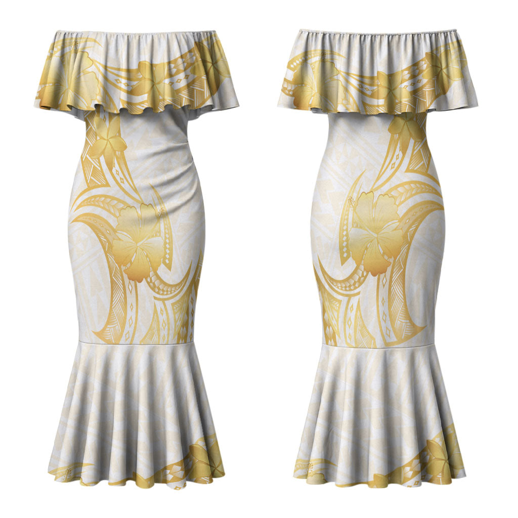 Polynesia White Sunday Family Matching Mermaid Dress and Hawaiian Shirt Polynesian Tattoo Plumeria Hibiscus Gold