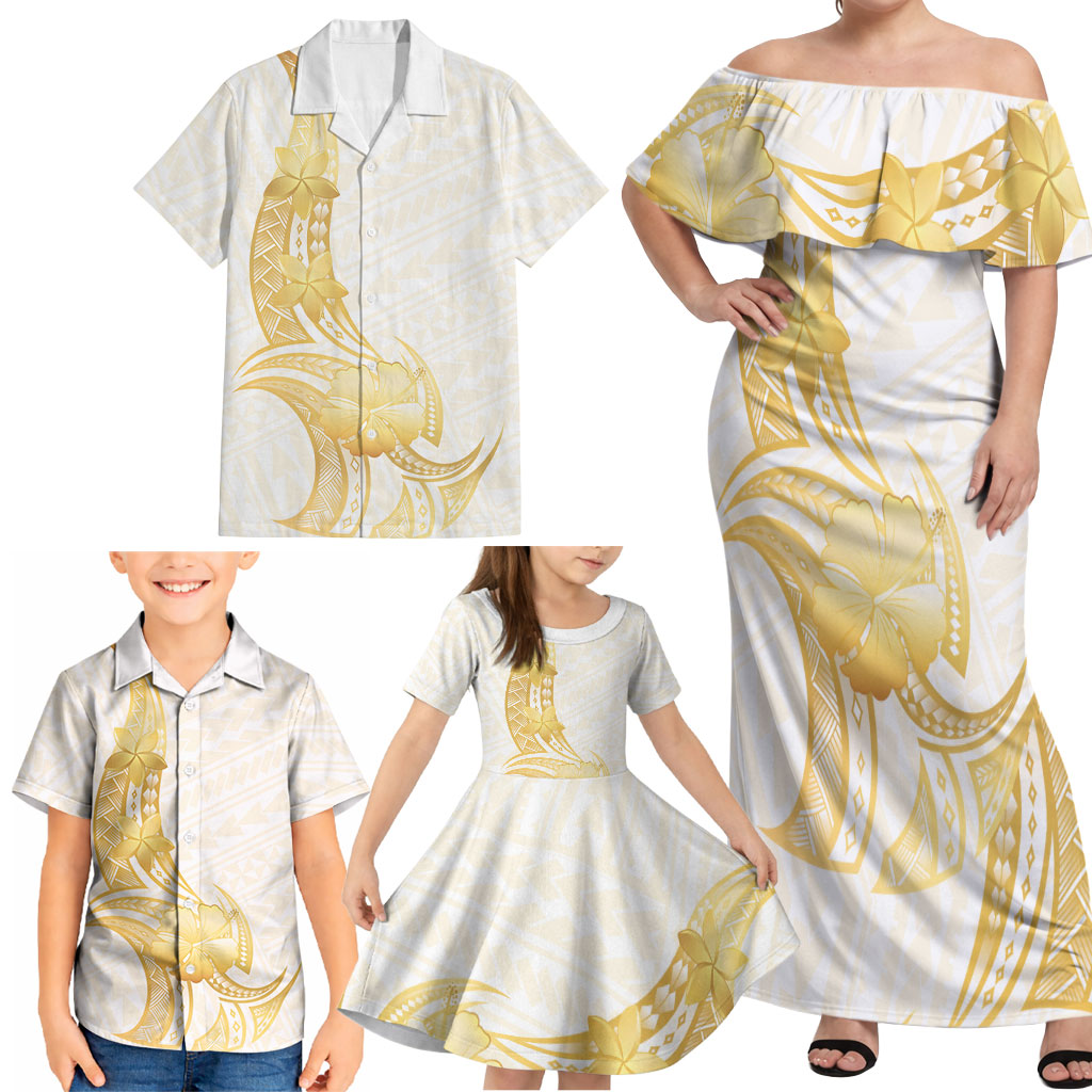 Polynesia White Sunday Family Matching Off Shoulder Maxi Dress and Hawaiian Shirt Polynesian Tattoo Plumeria Hibiscus Gold LT14 - Polynesian Pride