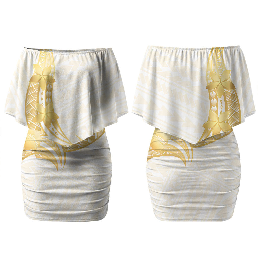 Polynesia White Sunday Family Matching Off Shoulder Short Dress and Hawaiian Shirt Polynesian Tattoo Plumeria Hibiscus Gold