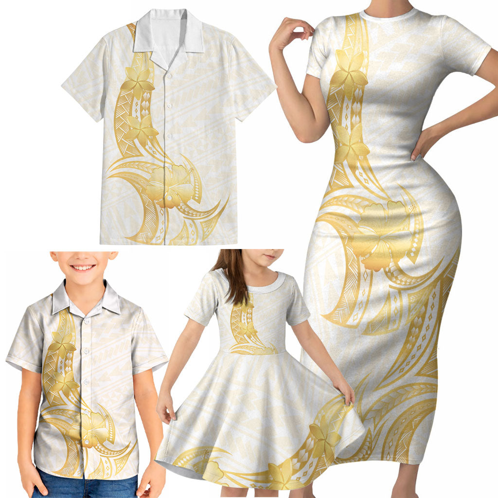 Polynesia White Sunday Family Matching Short Sleeve Bodycon Dress and Hawaiian Shirt Polynesian Tattoo Plumeria Hibiscus Gold