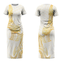 Polynesia White Sunday Family Matching Short Sleeve Bodycon Dress and Hawaiian Shirt Polynesian Tattoo Plumeria Hibiscus Gold