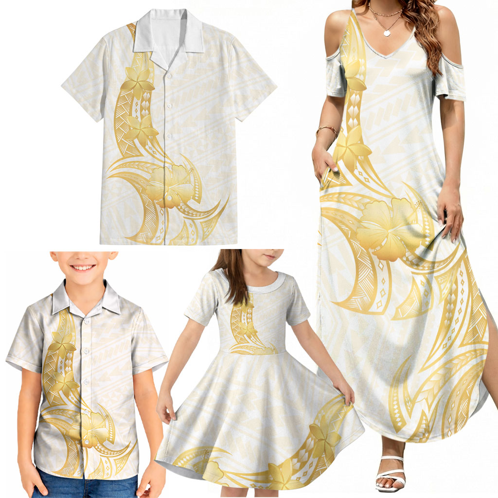 Polynesia White Sunday Family Matching Summer Maxi Dress and Hawaiian Shirt Polynesian Tattoo Plumeria Hibiscus Gold
