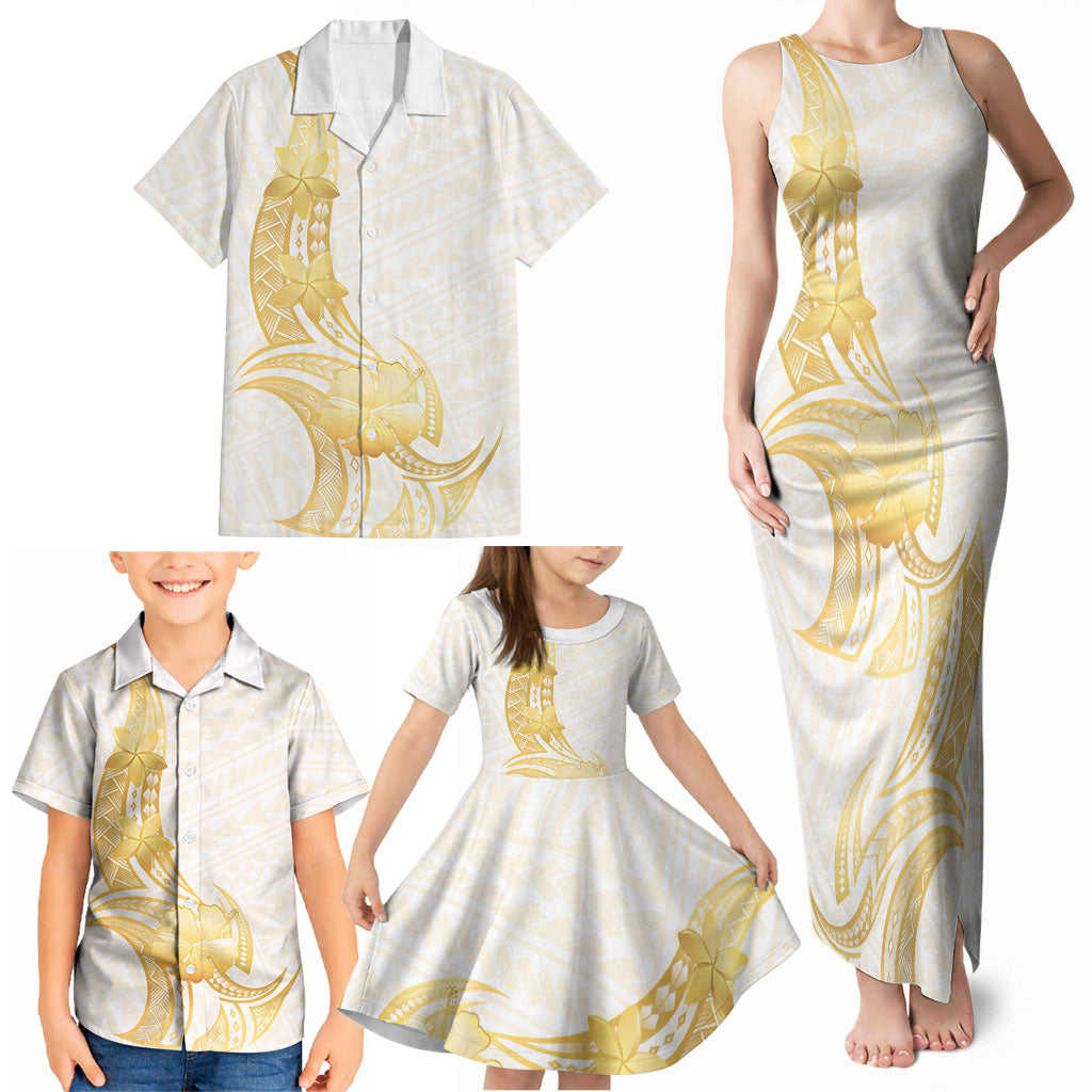 Polynesia White Sunday Family Matching Tank Maxi Dress and Hawaiian Shirt Polynesian Tattoo Plumeria Hibiscus Gold LT14 - Polynesian Pride