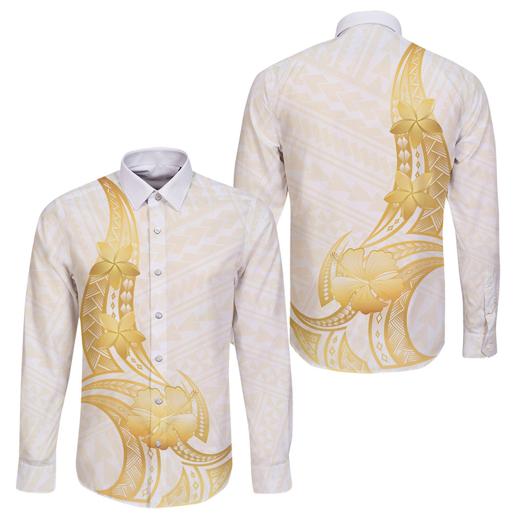 Polynesia White Sunday Family Matching Tank Maxi Dress and Hawaiian Shirt Polynesian Tattoo Plumeria Hibiscus Gold