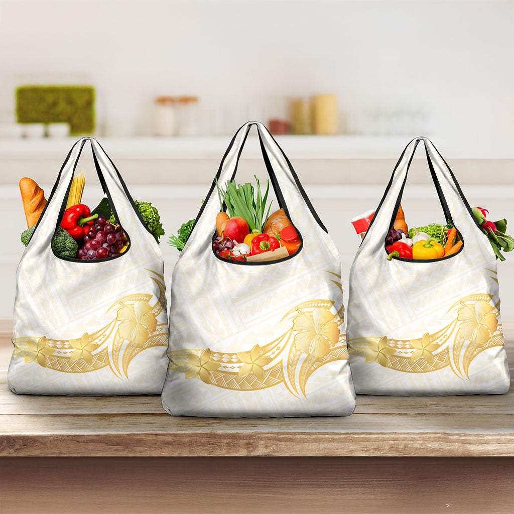 Polynesia White Sunday Grocery Bag Polynesian Tattoo Plumeria Hibiscus Gold LT14 3-pack One Size White - Polynesian Pride