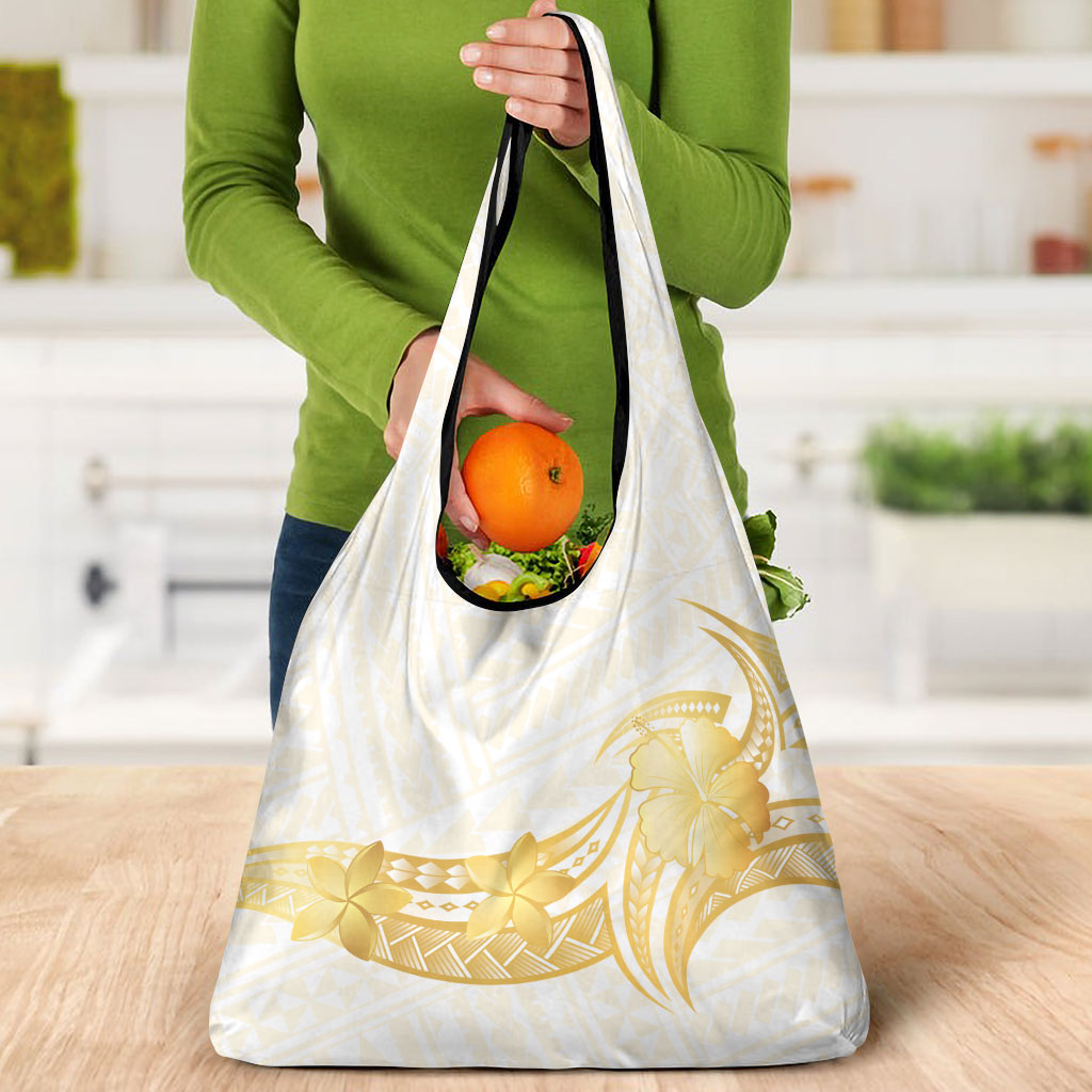 Polynesia White Sunday Grocery Bag Polynesian Tattoo Plumeria Hibiscus Gold LT14 - Polynesian Pride