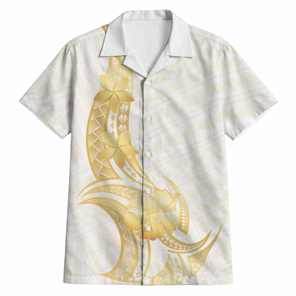 Polynesia White Sunday Hawaiian Shirt Polynesian Tattoo Plumeria Hibiscus Gold