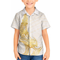 Polynesia White Sunday Hawaiian Shirt Polynesian Tattoo Plumeria Hibiscus Gold
