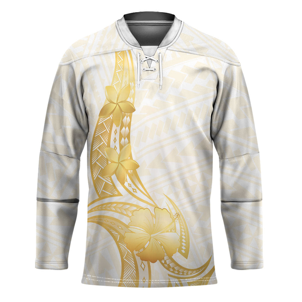Polynesia White Sunday Hockey Jersey Polynesian Tattoo Plumeria Hibiscus Gold