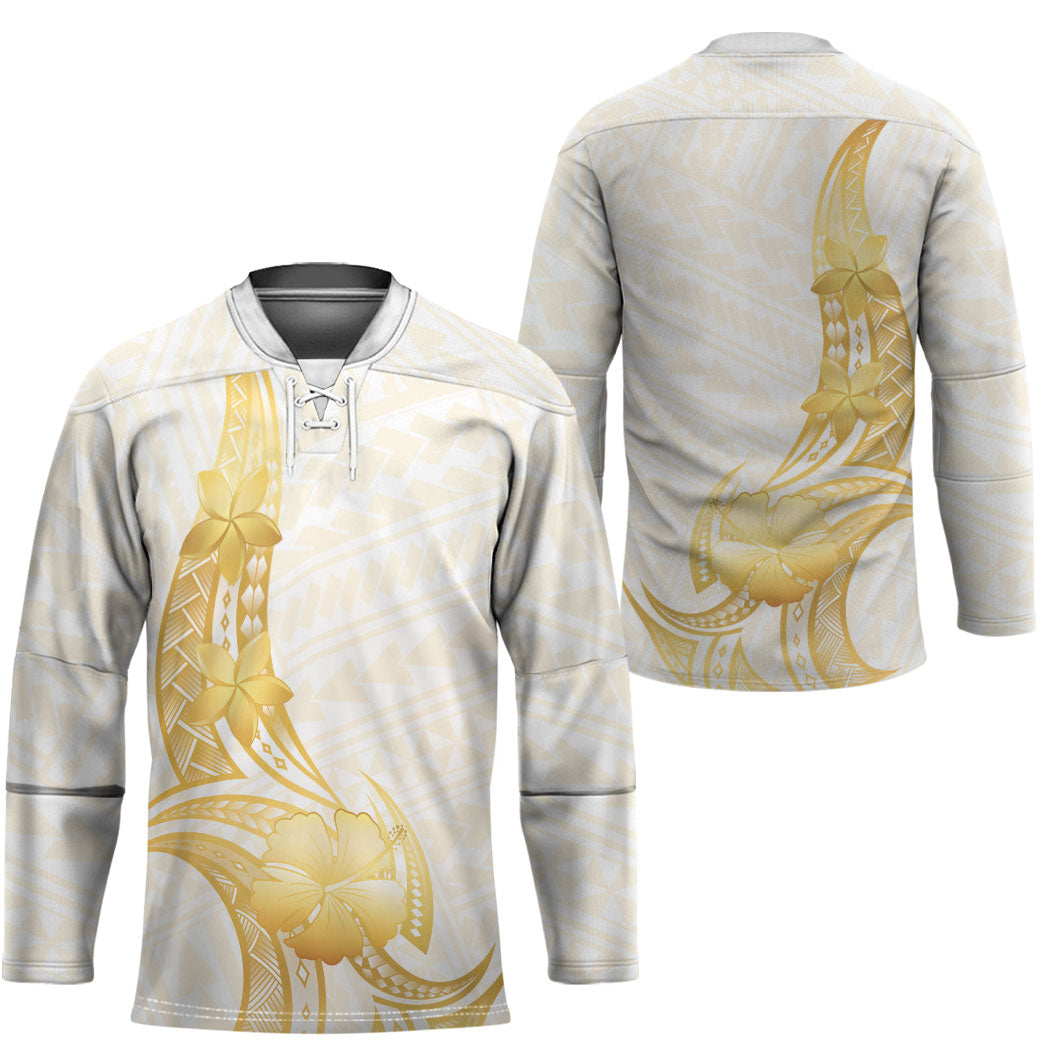 Polynesia White Sunday Hockey Jersey Polynesian Tattoo Plumeria Hibiscus Gold