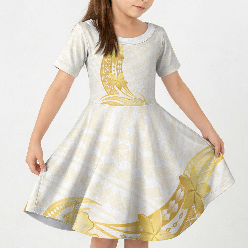 Polynesia White Sunday Kid Short Sleeve Dress Polynesian Tattoo Plumeria Hibiscus Gold
