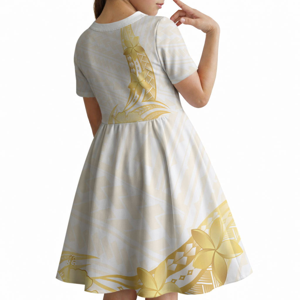 Polynesia White Sunday Kid Short Sleeve Dress Polynesian Tattoo Plumeria Hibiscus Gold