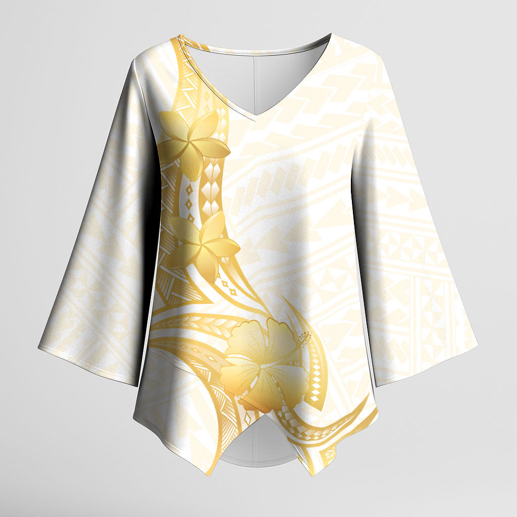 Polynesia White Sunday Kimono Sleeve Blouse Polynesian Tattoo Plumeria Hibiscus Gold