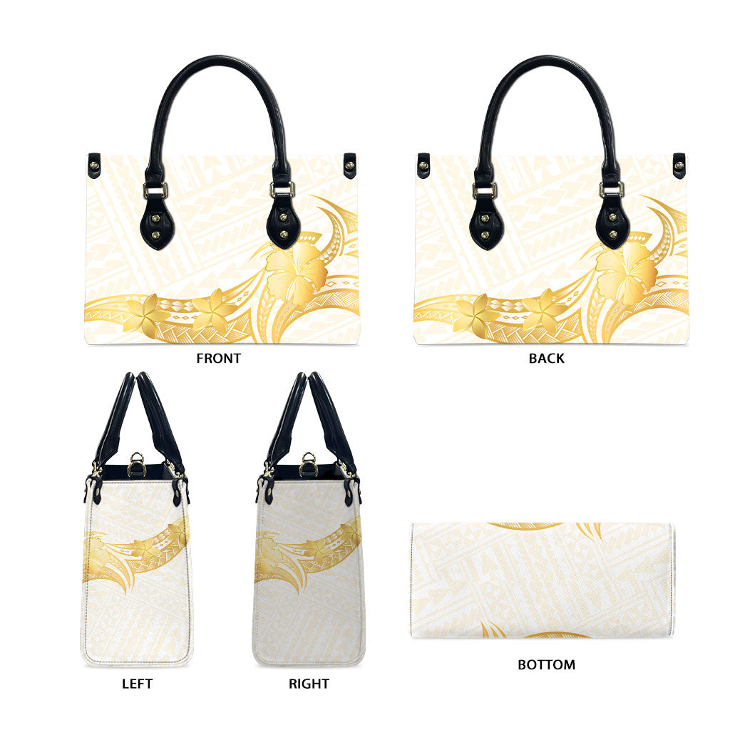 Polynesia White Sunday Leather Bag Polynesian Tattoo Plumeria Hibiscus Gold