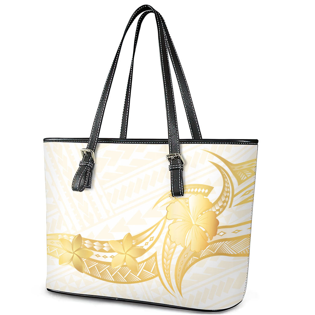 Polynesia White Sunday Leather Tote Bag Polynesian Tattoo Plumeria Hibiscus Gold