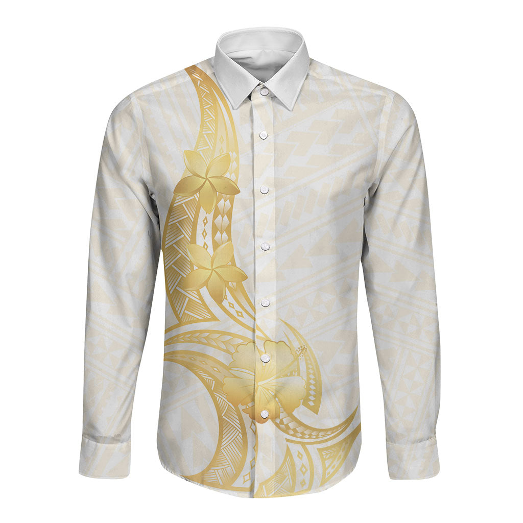 Polynesia White Sunday Long Sleeve Button Shirt Polynesian Tattoo Plumeria Hibiscus Gold