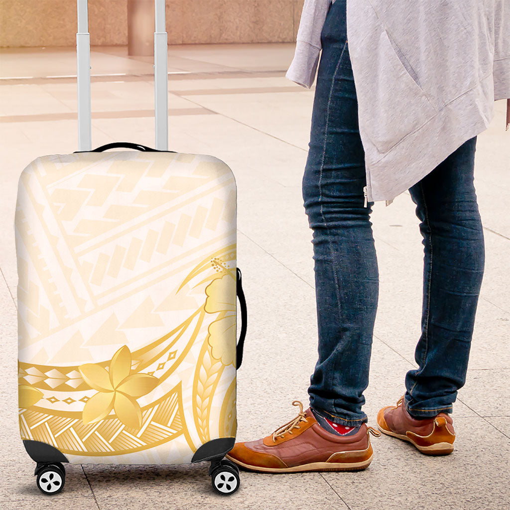 Polynesia White Sunday Luggage Cover Polynesian Tattoo Plumeria Hibiscus Gold