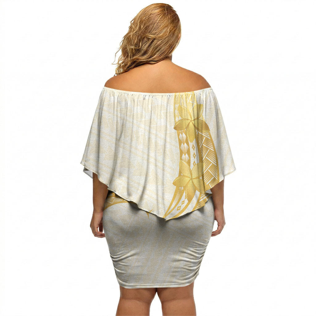 Polynesia White Sunday Off Shoulder Short Dress Polynesian Tattoo Plumeria Hibiscus Gold