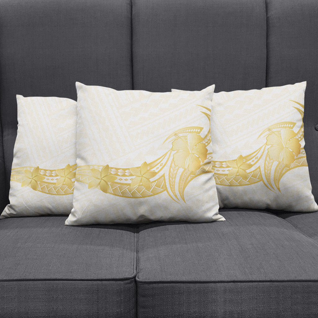 Polynesia White Sunday Pillow Cover Polynesian Tattoo Plumeria Hibiscus Gold